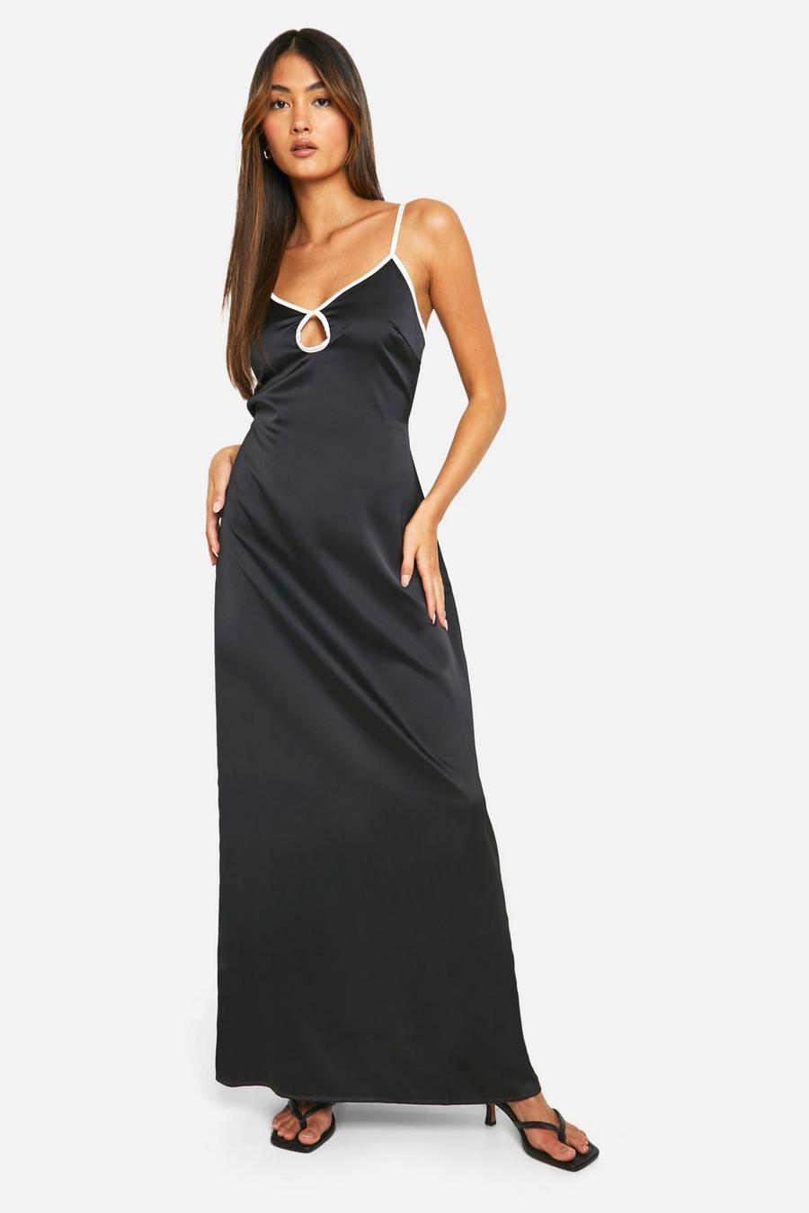 Black Satin Contrast Binding Maxi Dress image number 1