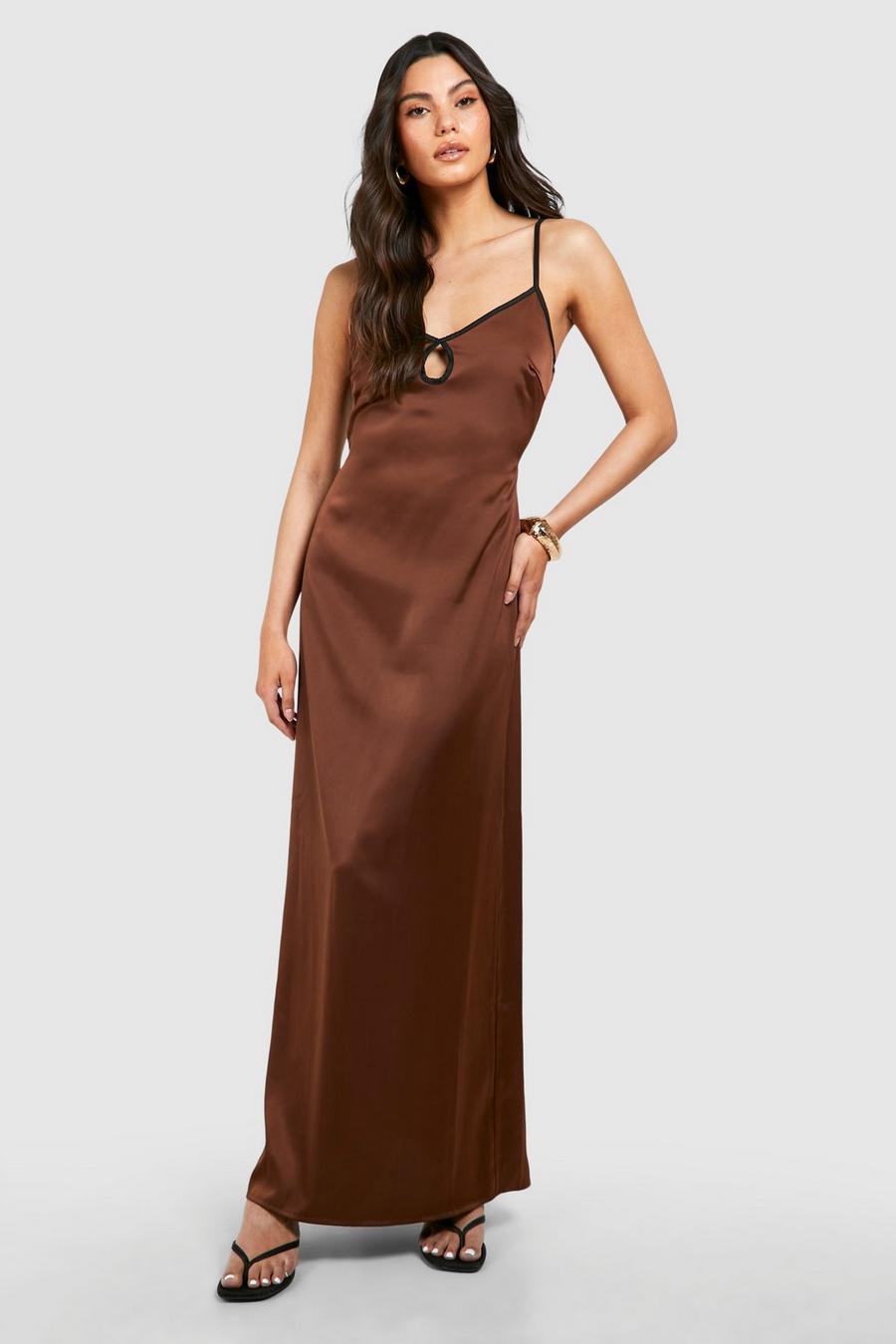 Chocolate Satin Contrast Binding Maxi Dress