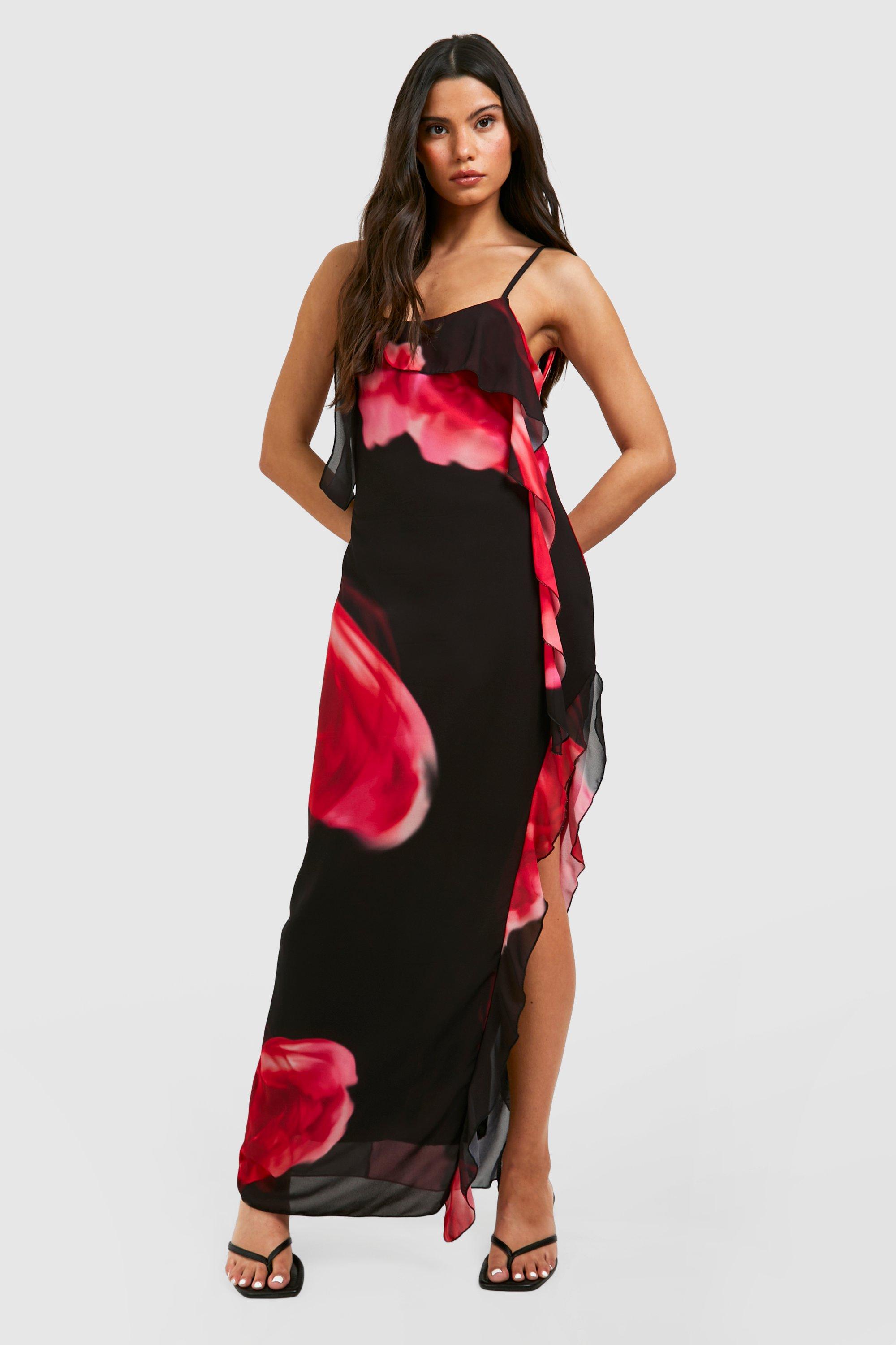 Women s Chiffon Floral Ruffle Maxi Boohoo UK