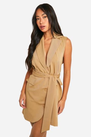 Stone Beige Woven Sleeveless Blazer Dress