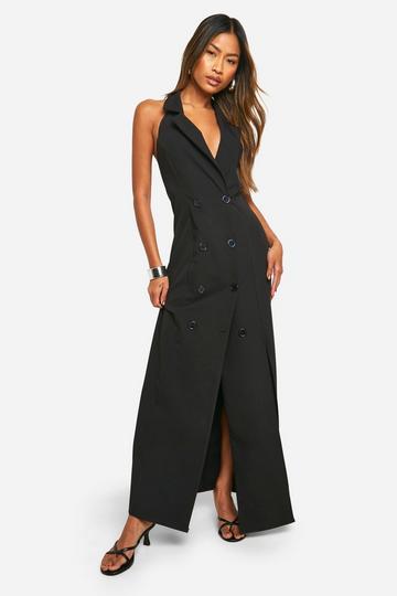 Black Woven Sleeveless Maxi Blazer Dress