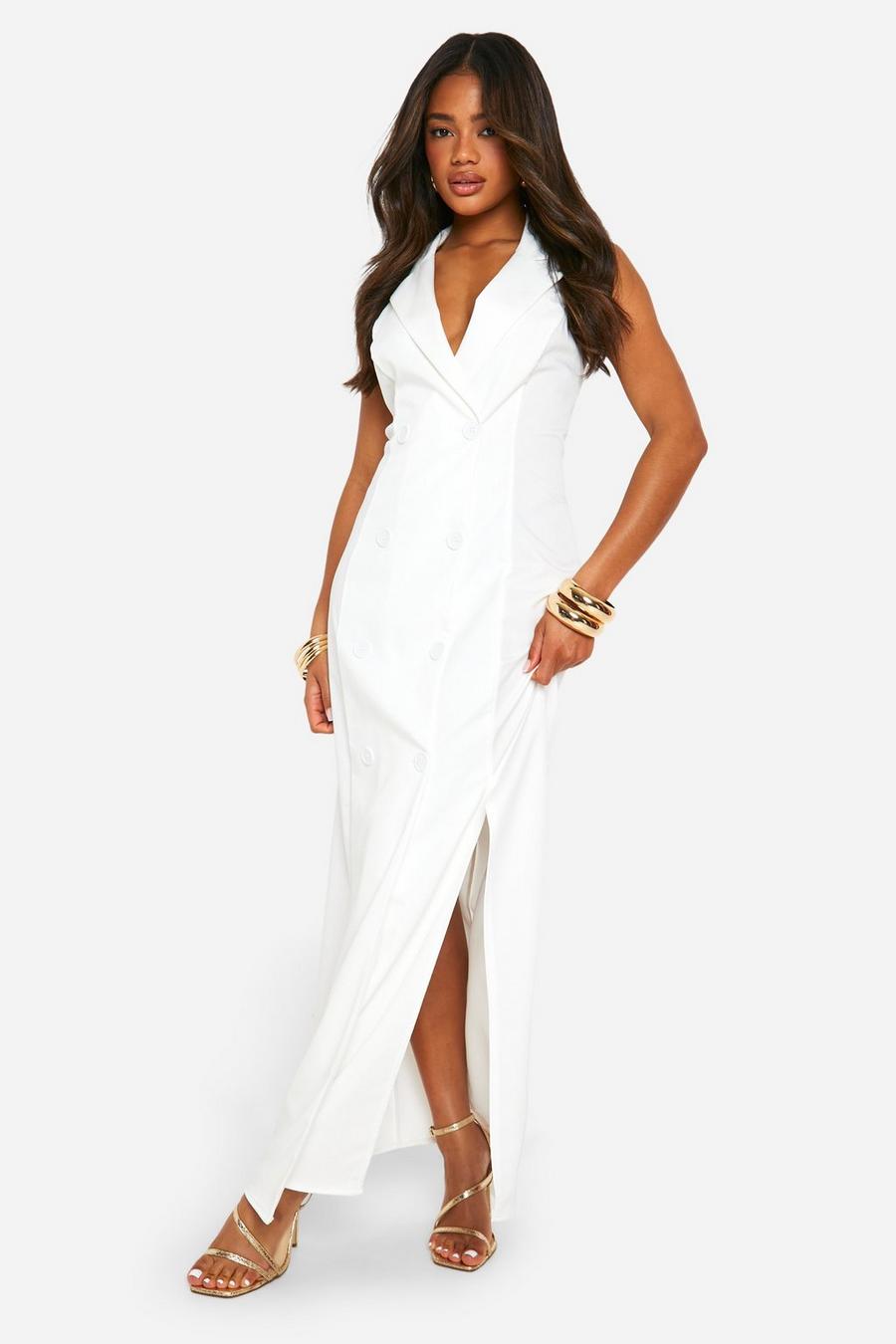 White Woven Sleeveless Maxi Blazer Dress