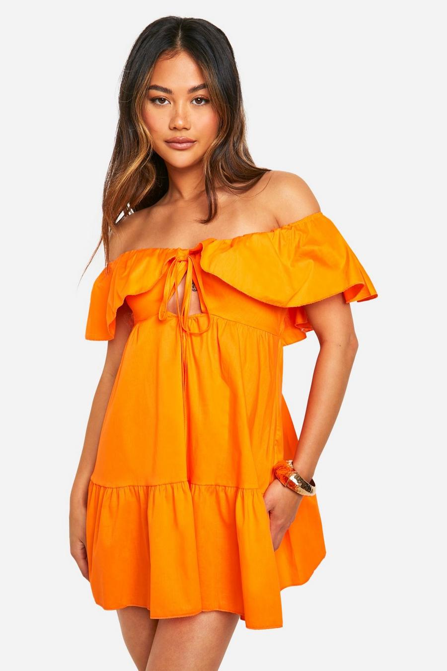 Orange Cotton Frill Detail Smock Dress