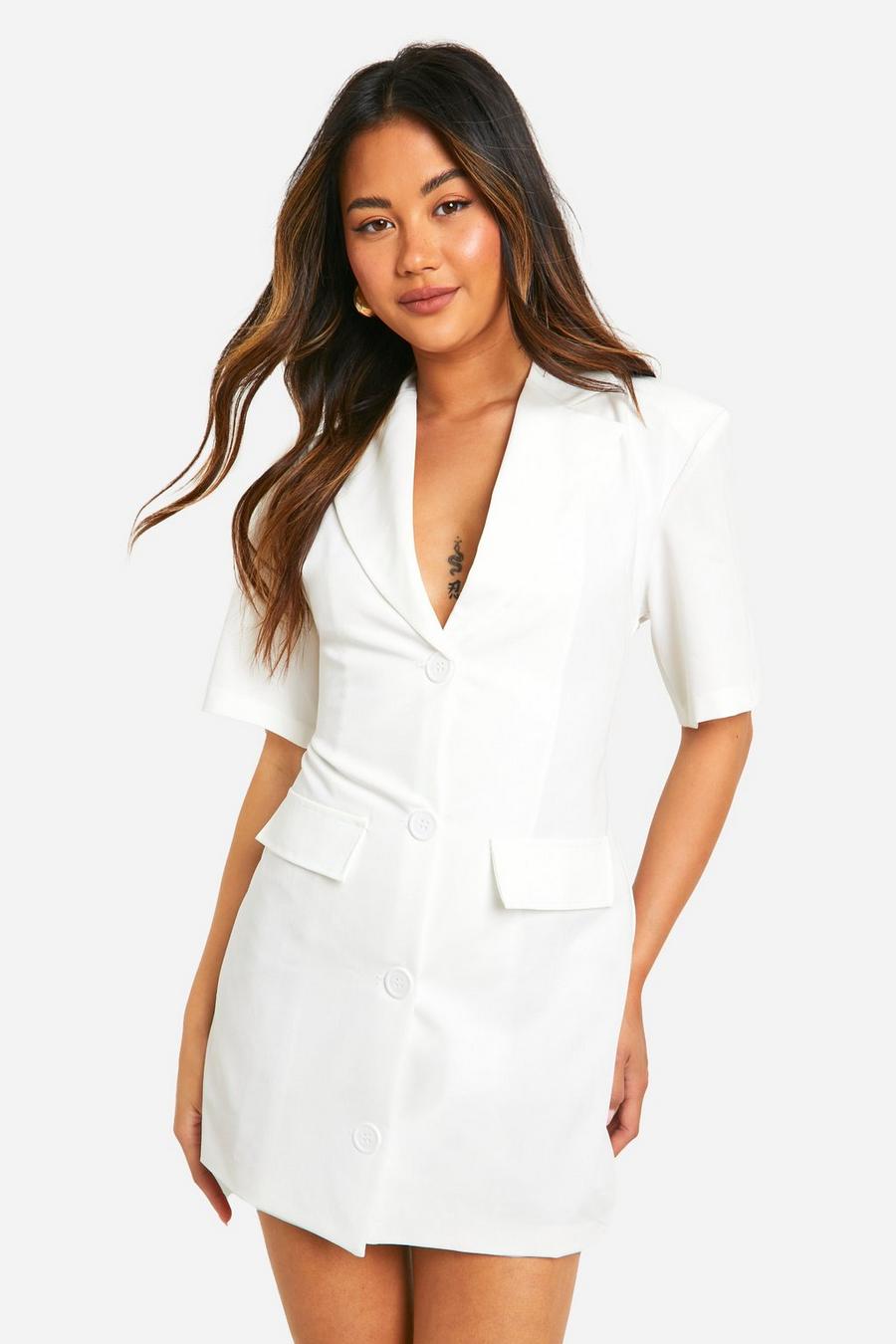 White Woven  Short Sleeve Plunge Blazer Dress 
