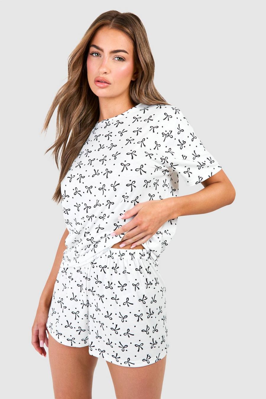 Set pigiama corto con stampa monocromatica e fiocco, White