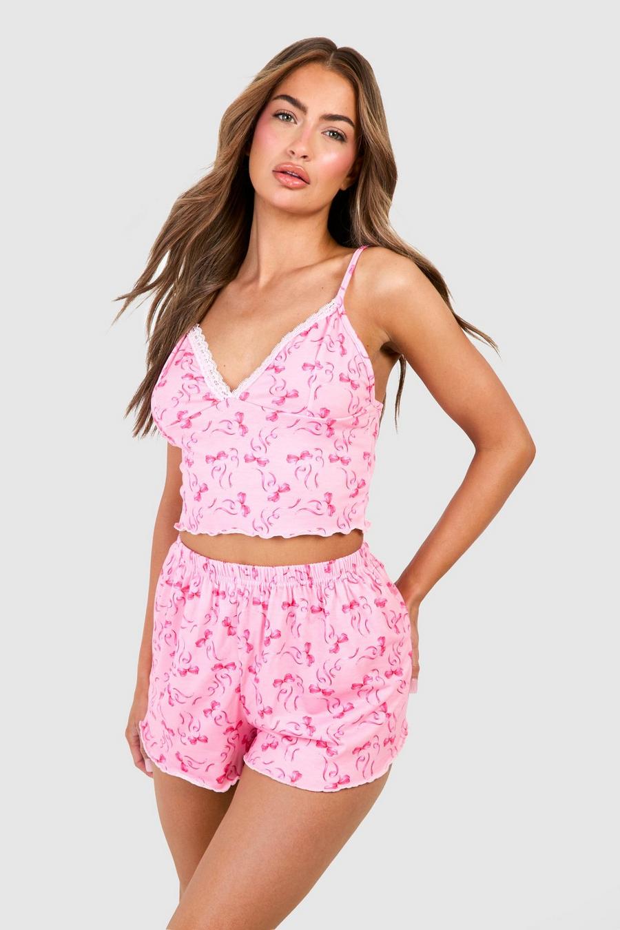 Set pigiama smanicato con stampa di fiocco, Pink