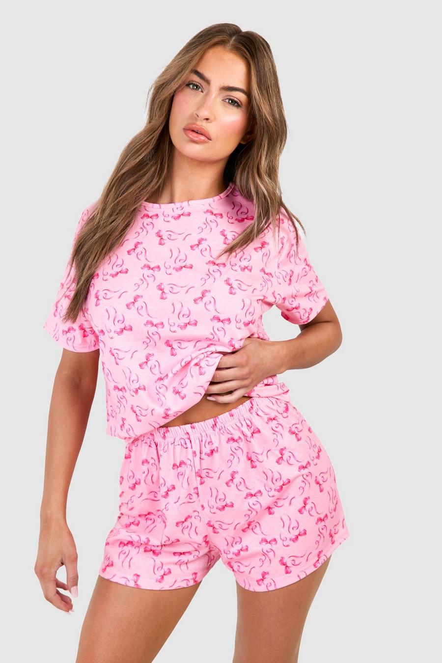 Shorts Pyjama-Set mit Schleifen-Print, Pink