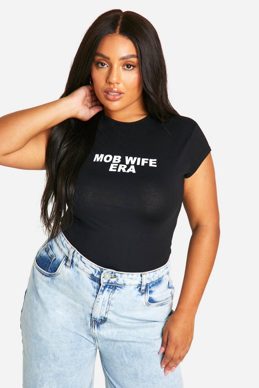 Grande taille - T-shirt court à slogan Mob Wife, Black