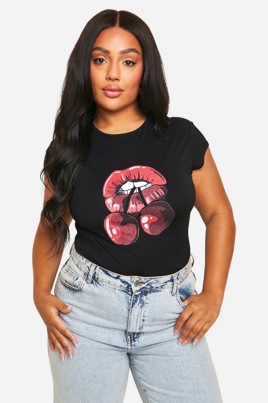 Plus Baby T-Shirt mit Cherry Lips Print, Black image number 1