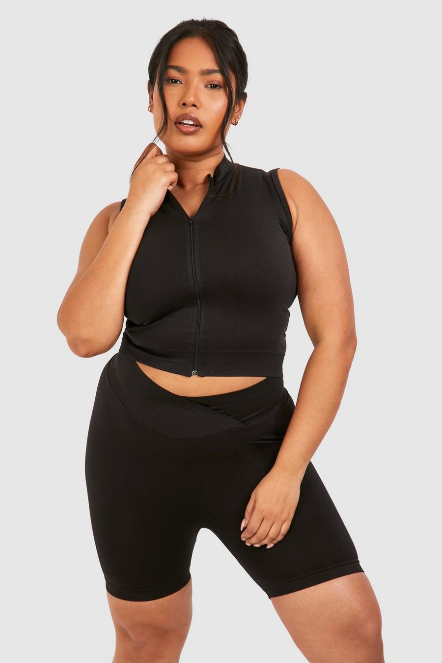 Crop top Plus Size a collo alto senza cuciture con zip, Black