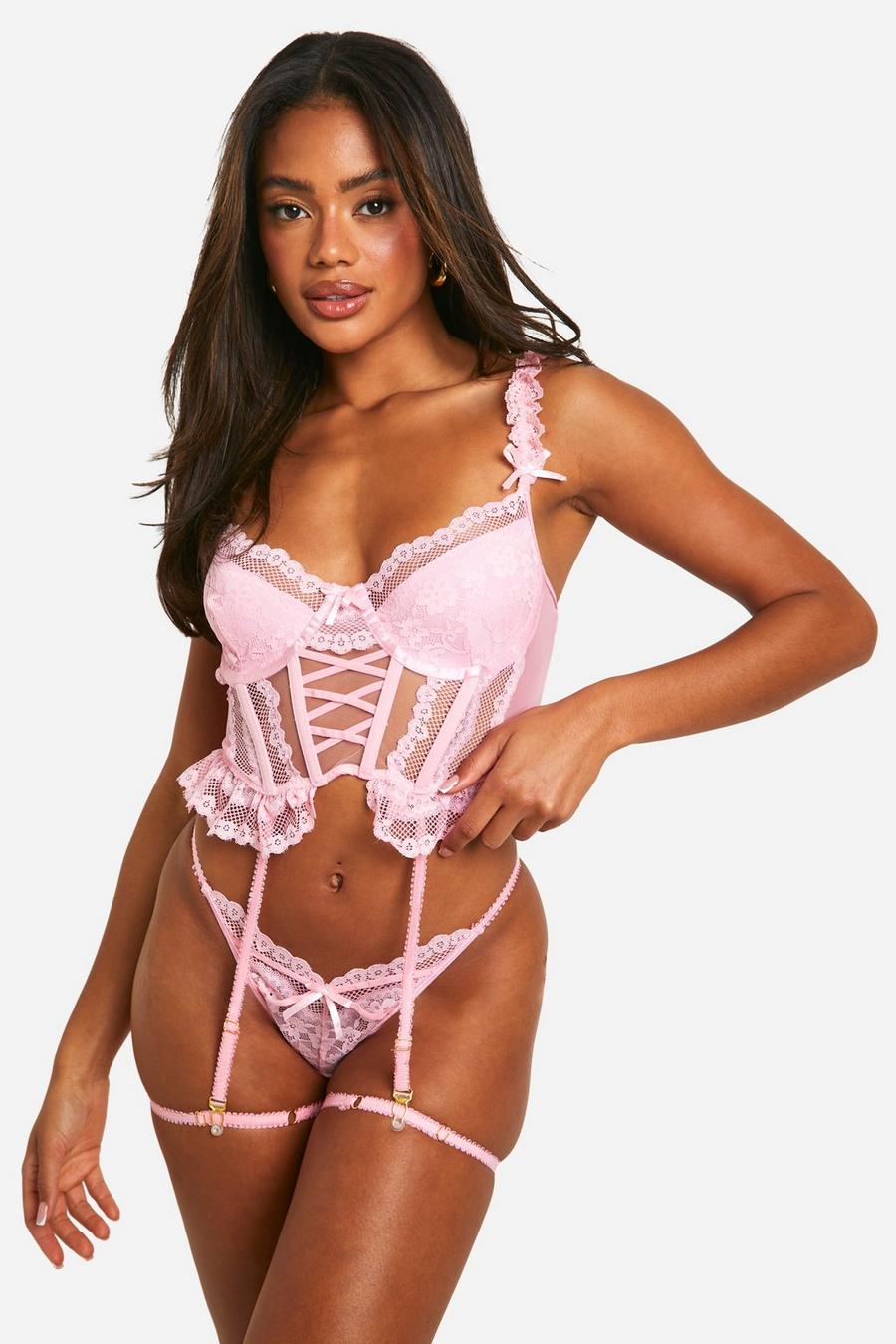 Pink Lace Frill Corset And Thong Set  image number 1