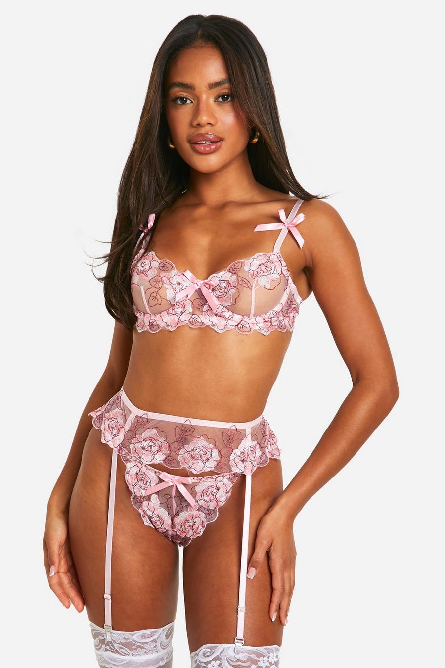 Pink Rose Lace Bra, Thong And Suspender Set 