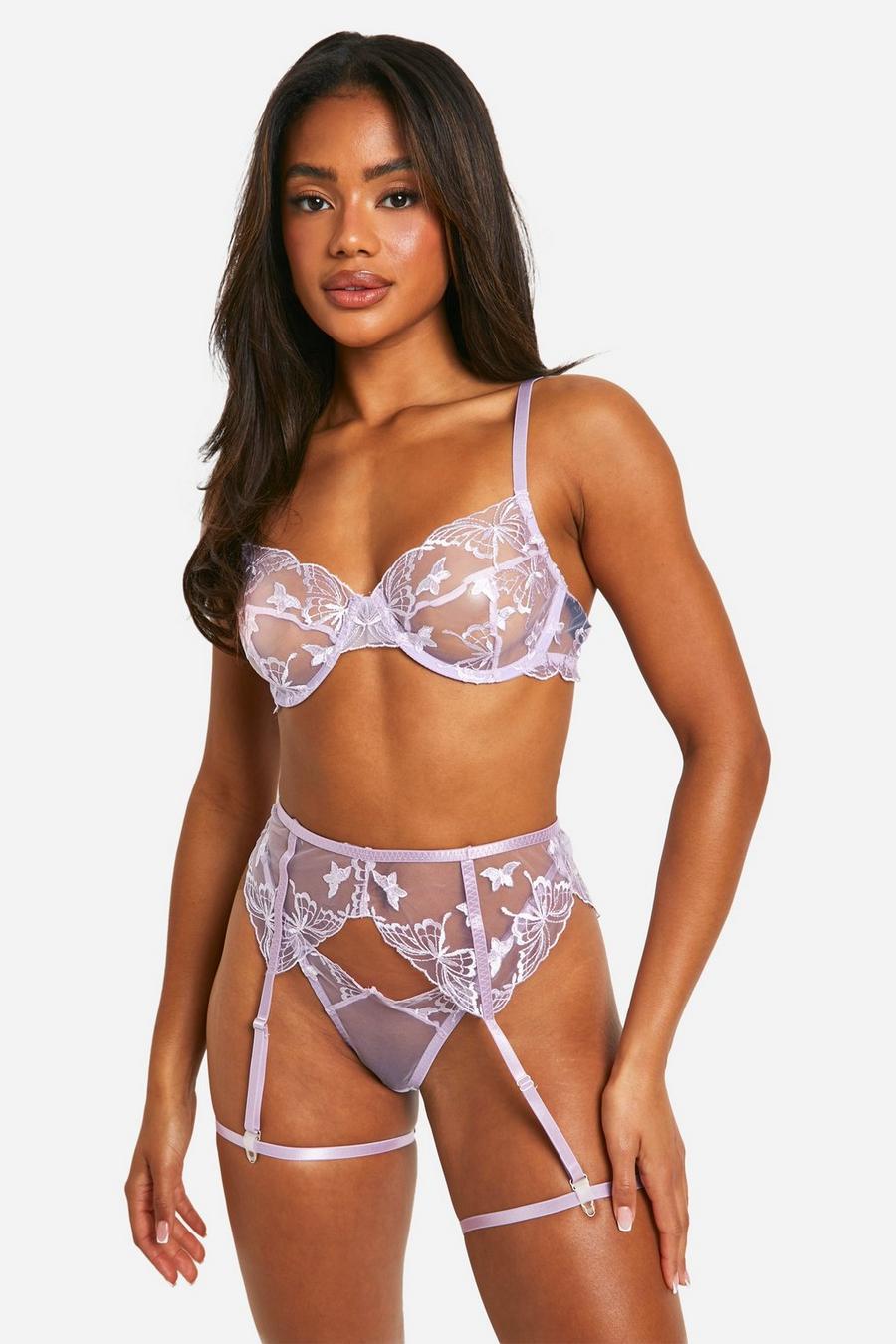 Lilac Butterfly Mesh Bra, Thong And Suspender Set 