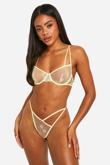 Daisy Embroidered Mesh Bra And Thong lemon