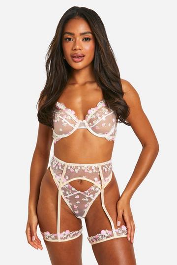 Floral Embroidered Bra, Thong And Suspender Set white