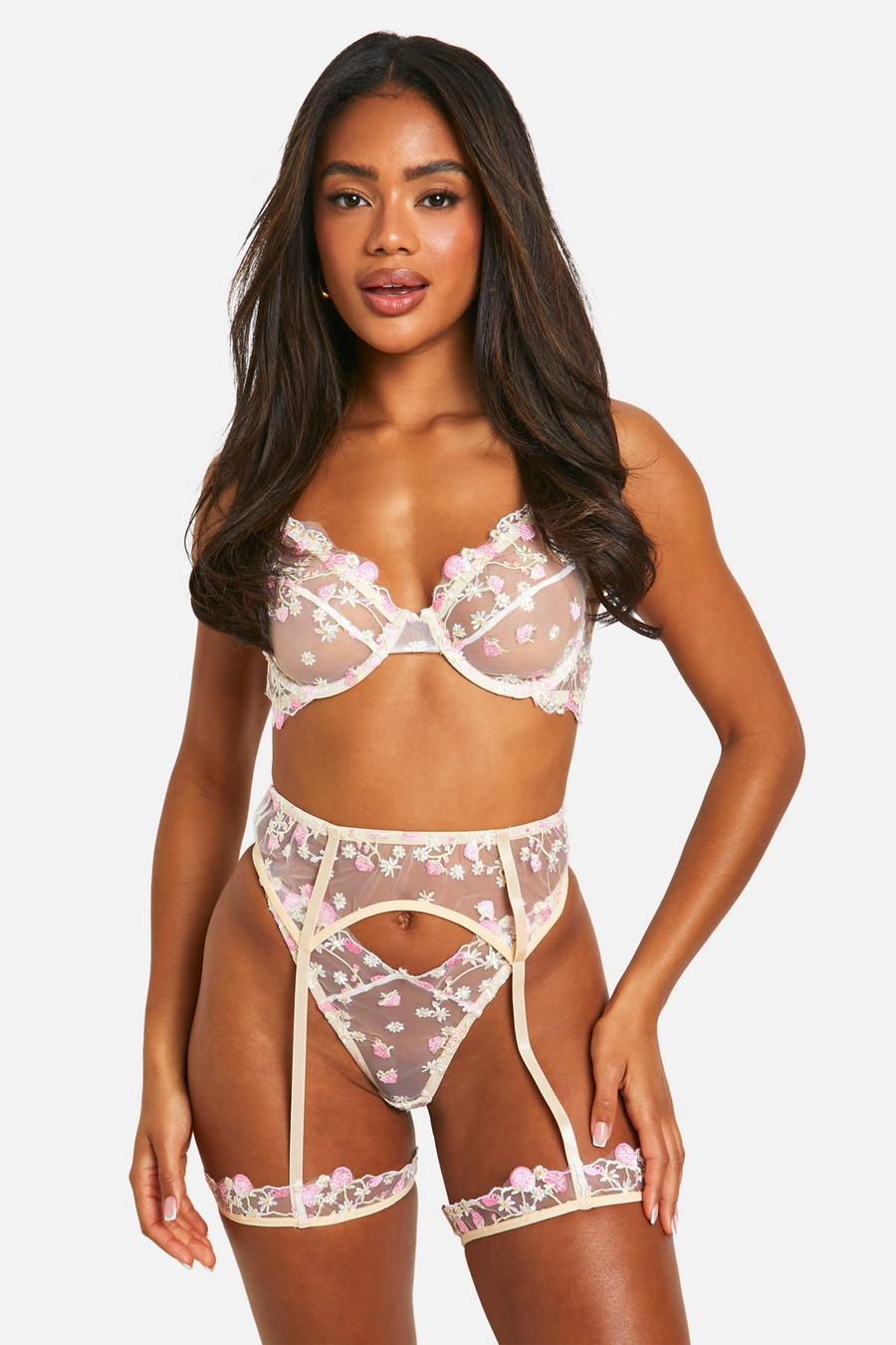 White Floral Embroidered Bra, Thong And Suspender Set