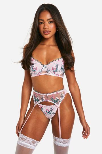 Floral Embroidered Bra, Thong And Suspender Set nude