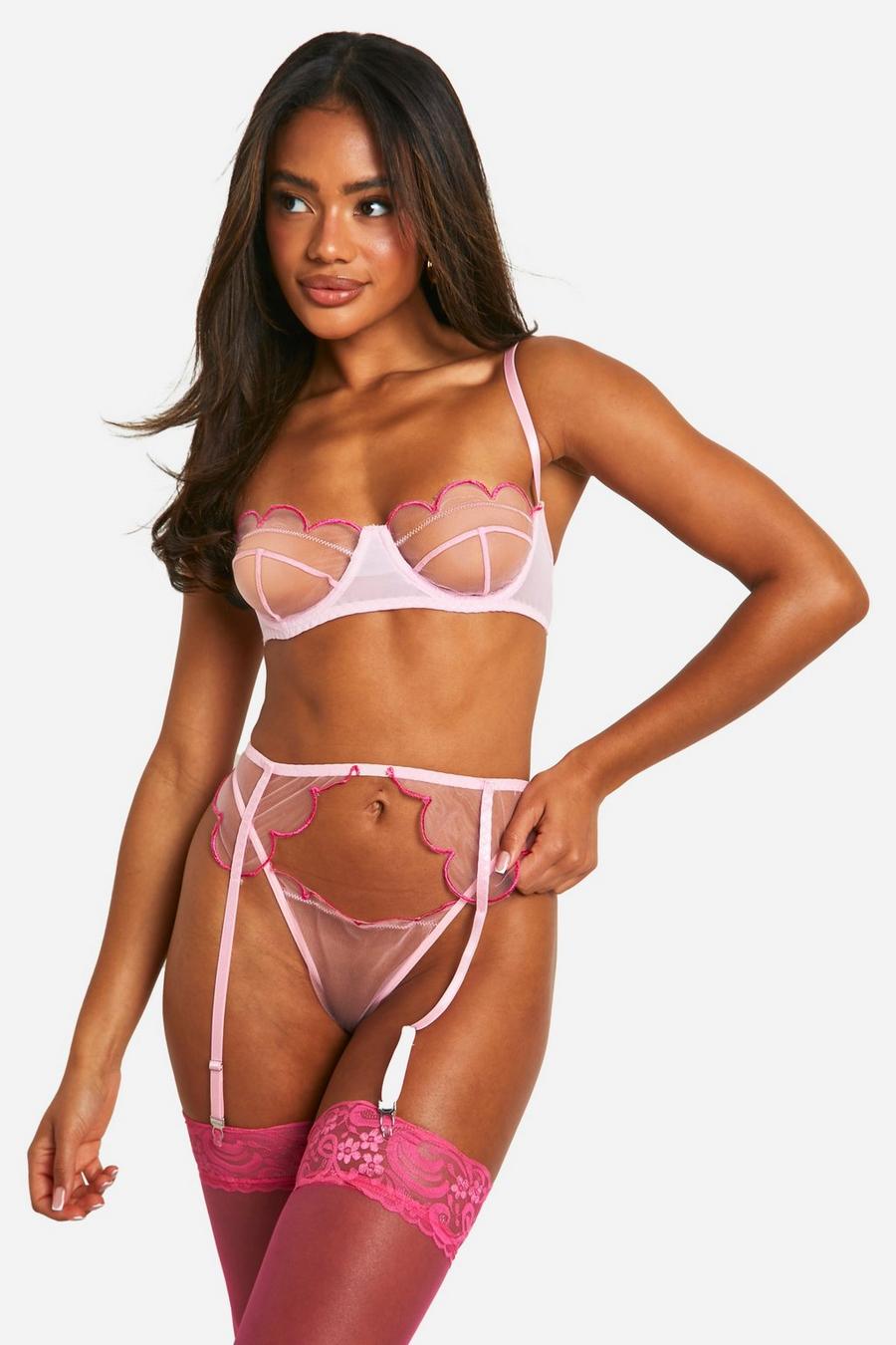 Pink Scallop Mesh Bra, Thong And Suspender Set   image number 1