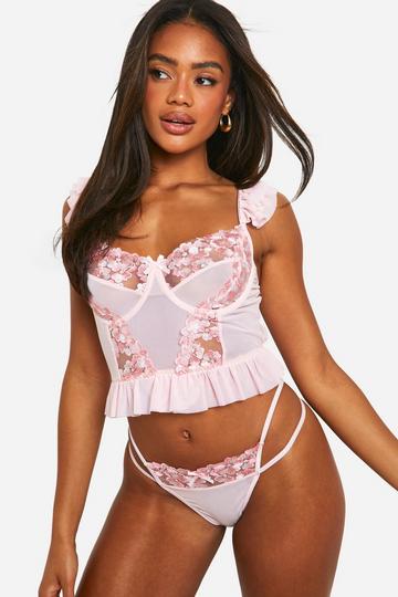 Lace Mesh Frill Corset And Thong Set pink