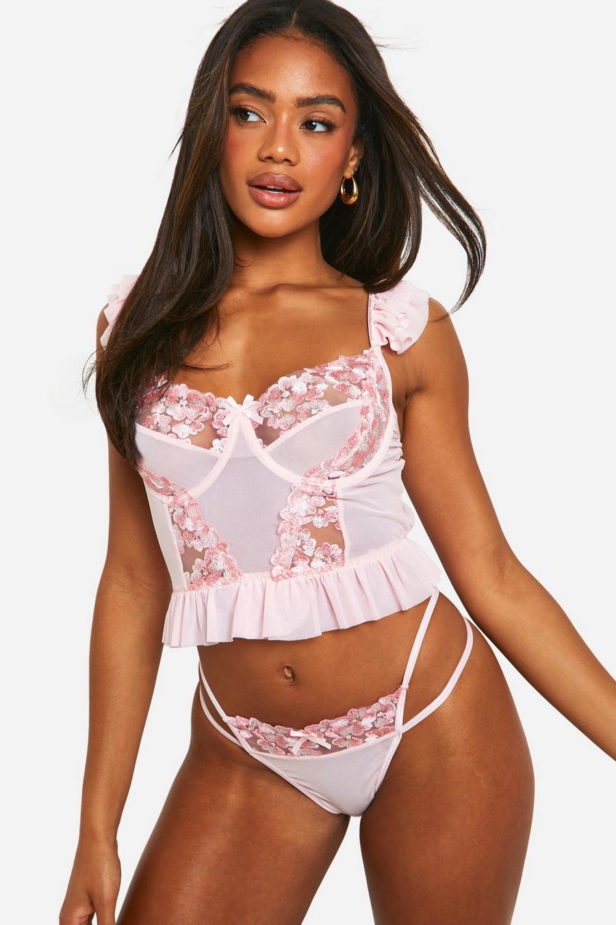 Pink Lace Mesh Frill Corset And Thong Set  image number 1