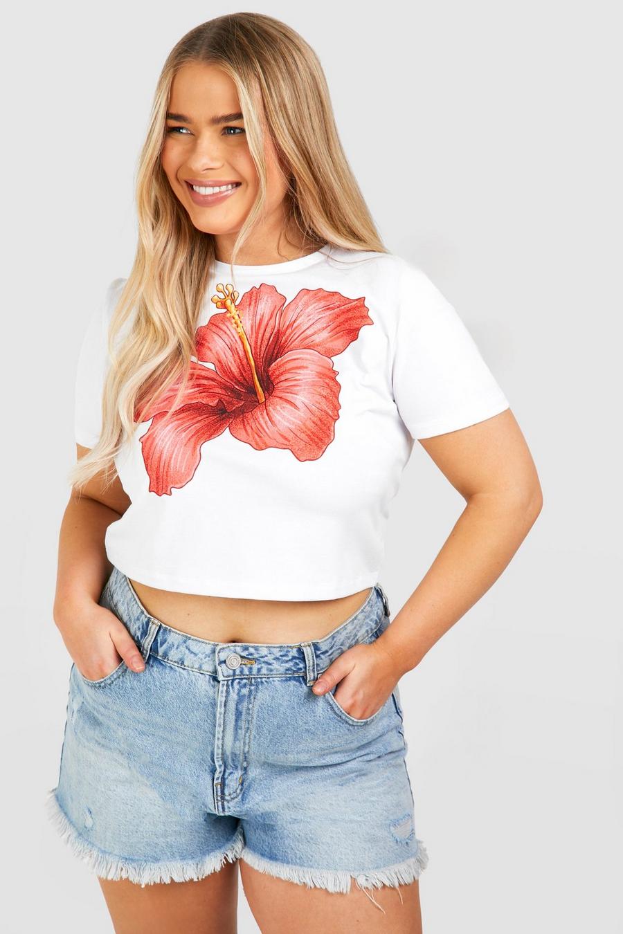 T-shirt Plus Size con stampa a fiori, White image number 1