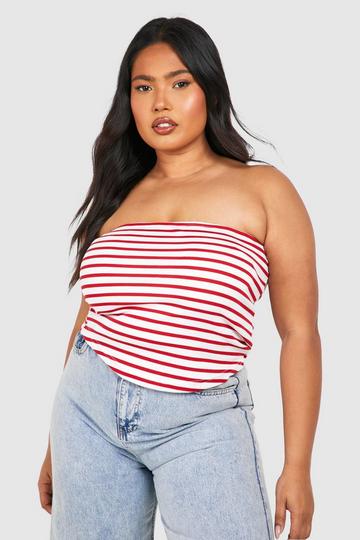 Plus Geribbelde Gestreepte Long Line Bandeau Top red