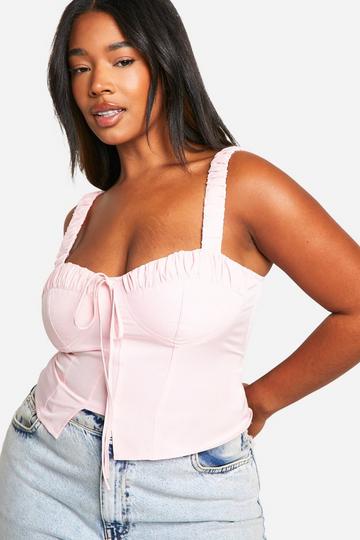 Plus Ruched Tie Front Split Hem Corset Top baby pink