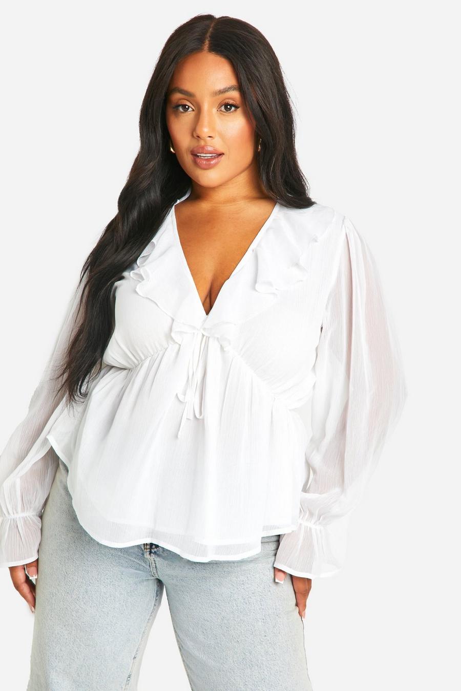 Ivory Plus Ruffle Tie Front Smock Top  image number 1