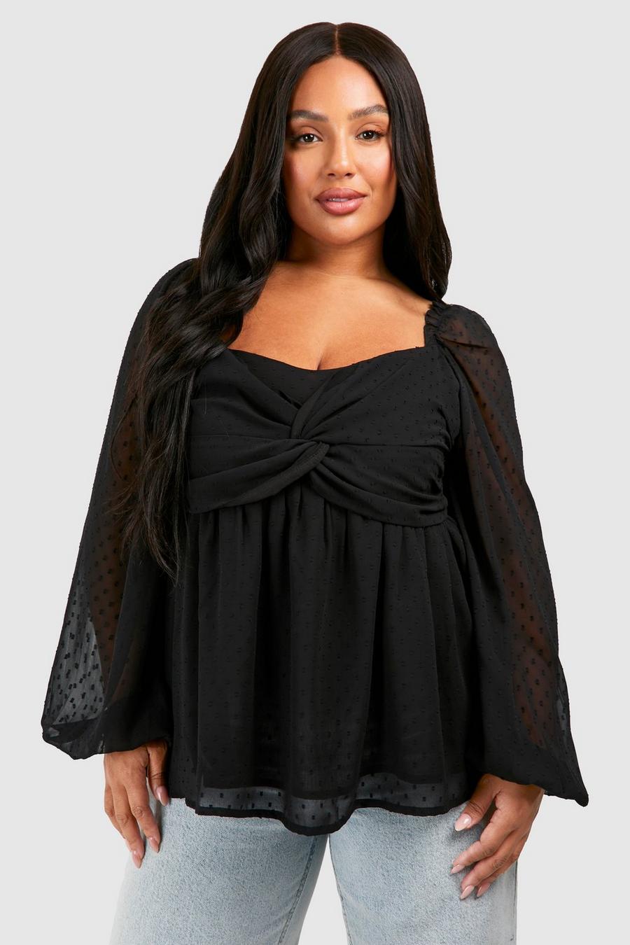 Black Plus Dobby Knot Front Smock Top 