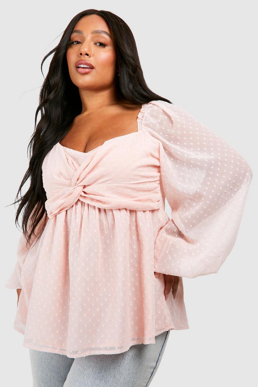 Blush Plus Dobby Knot Front Smock Top  