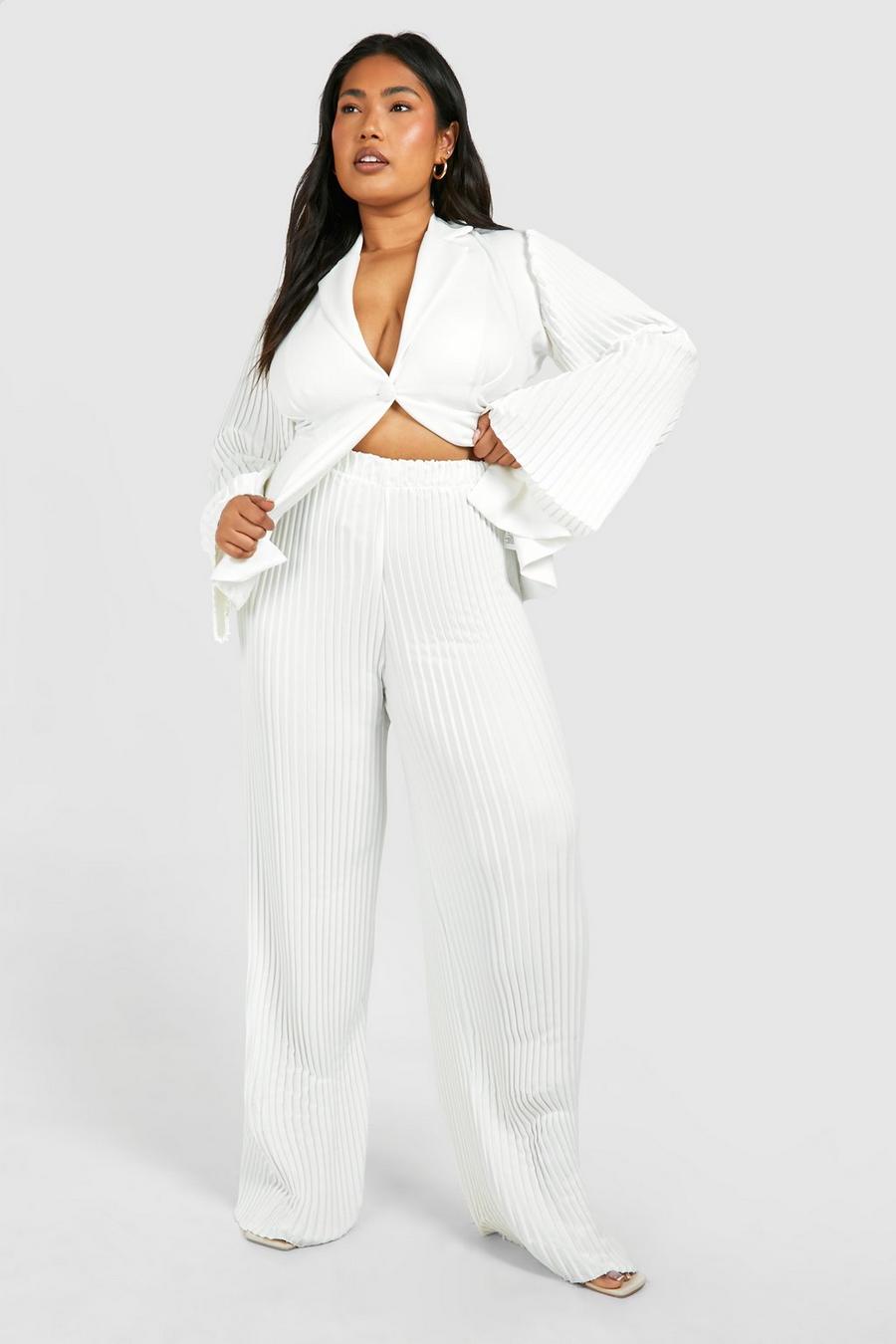 White Plus Pleated Wide Leg Tailored Pants image number 1