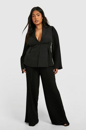 Black Plus Pleated Wide Leg Tailored Trousers