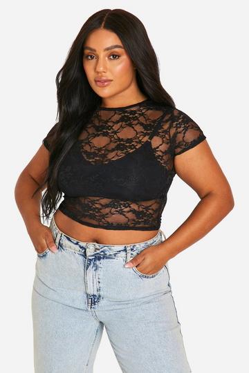 Plus Lace Cap Sleeve Top black