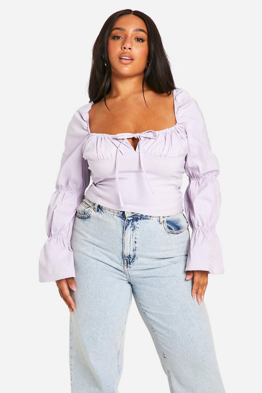 Corsetto Plus Size in bengalina con maniche a sbuffo, Lilac image number 1