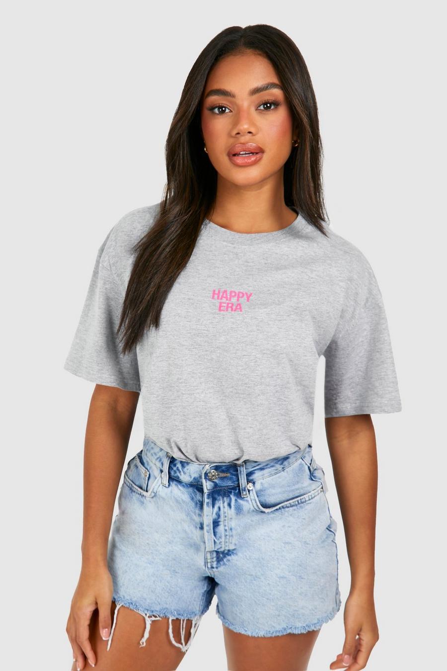 T-shirt oversize en coton à slogan Happy Era, Light grey image number 1