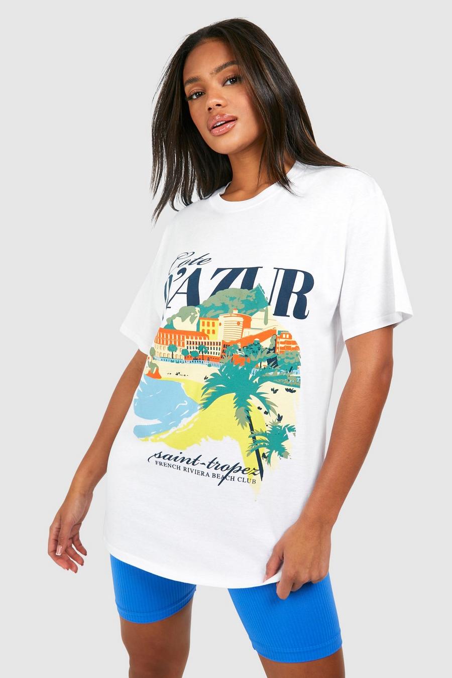 White Cote d'Azur Oversize t-shirt i bomull med tryck image number 1