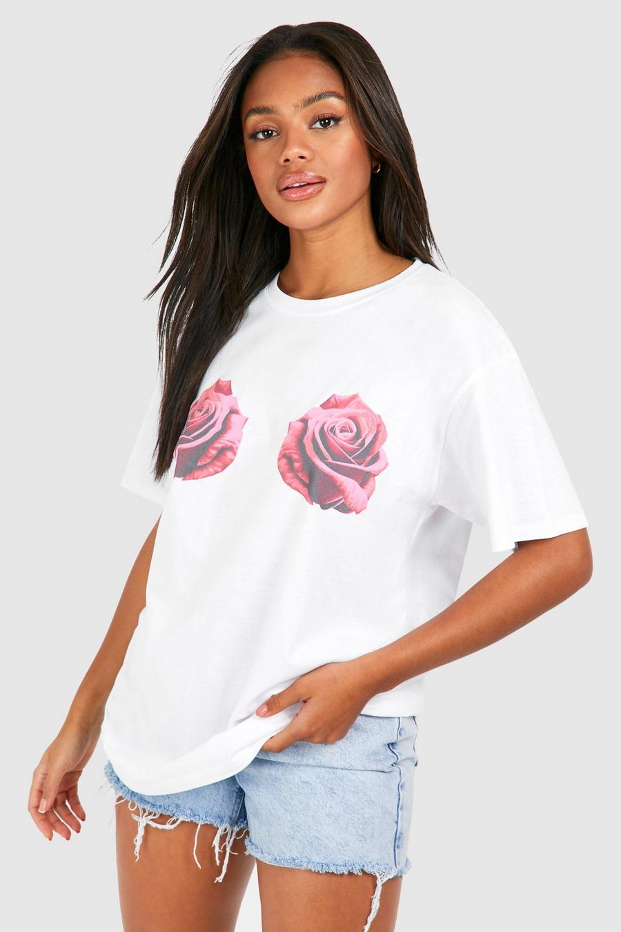 T-shirt oversize in cotone con stampa di rose, White image number 1