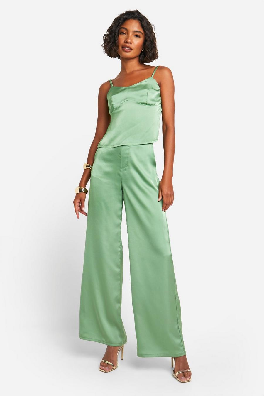 Khaki Tall Satin Wide Leg Pants image number 1