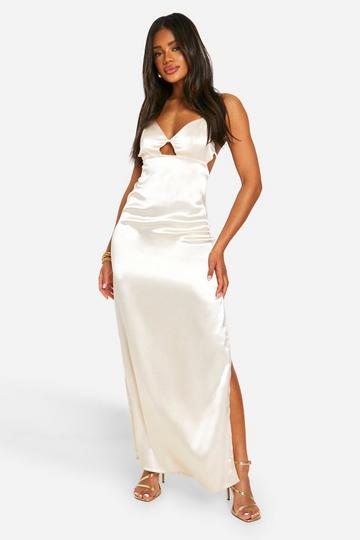 Champagne Beige Satin Split Leg Strappy Maxi Slip Dress