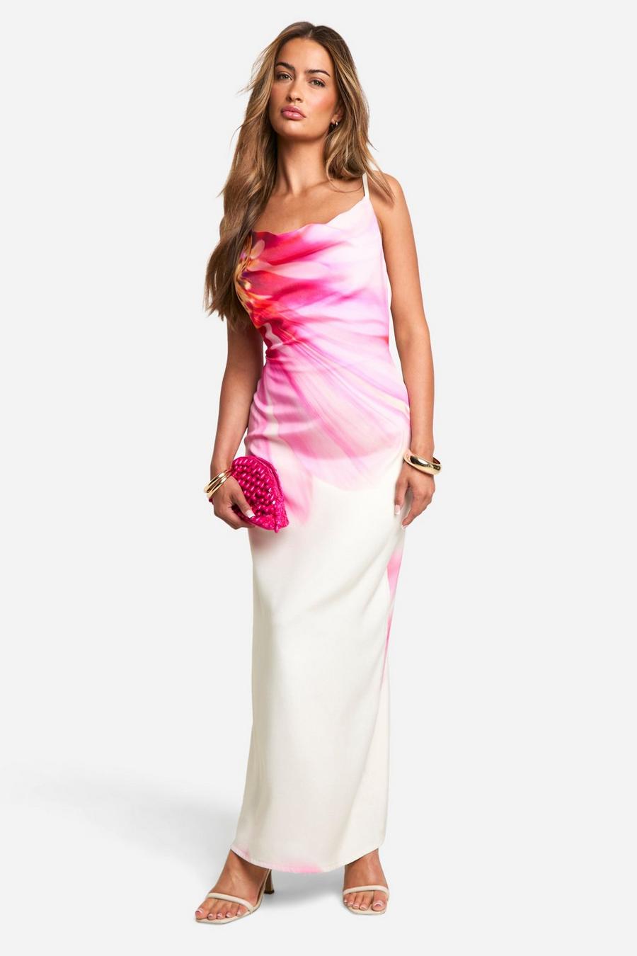 Pink Cowl Neck Satin Floral Slip Maxi Dress image number 1