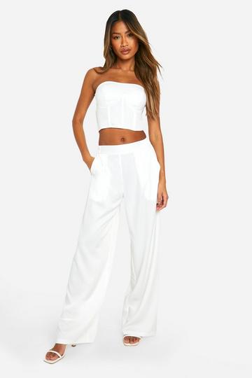 High Waisted Pleated Wide Leg Trouser white