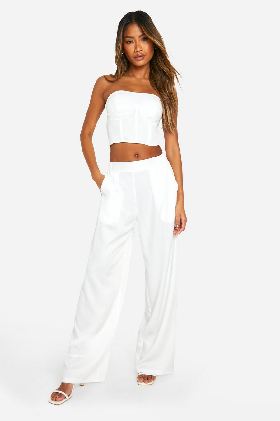White High Waisted Pleated Wide Leg Trouser