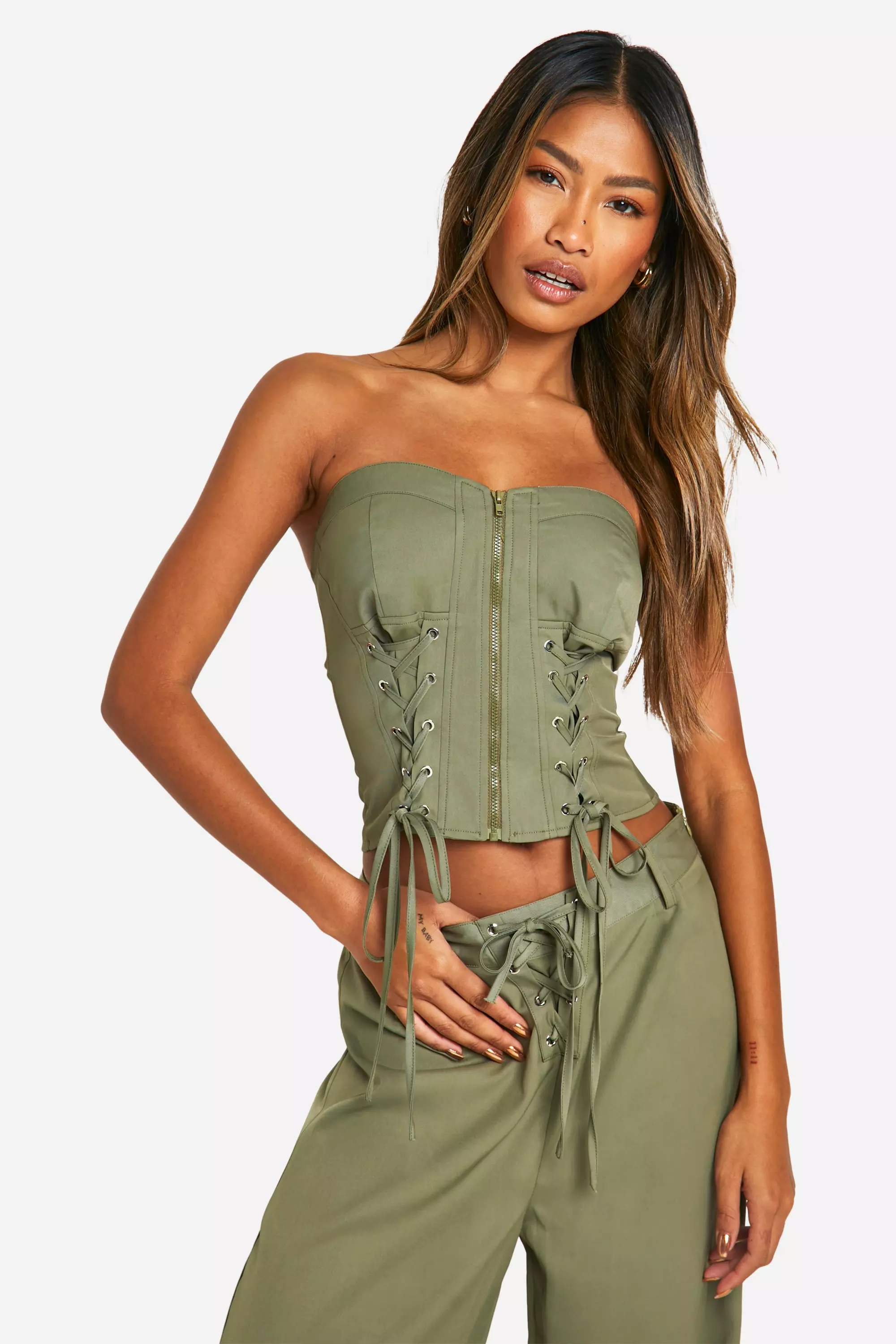 Khaki Lace Up Detail Trouser صورة بديلة