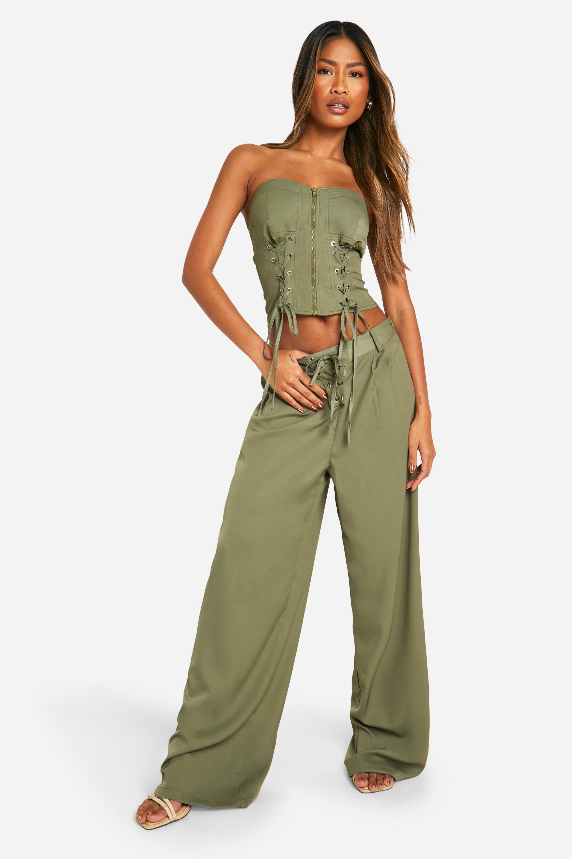 Khaki Lace Up Detail Trouser