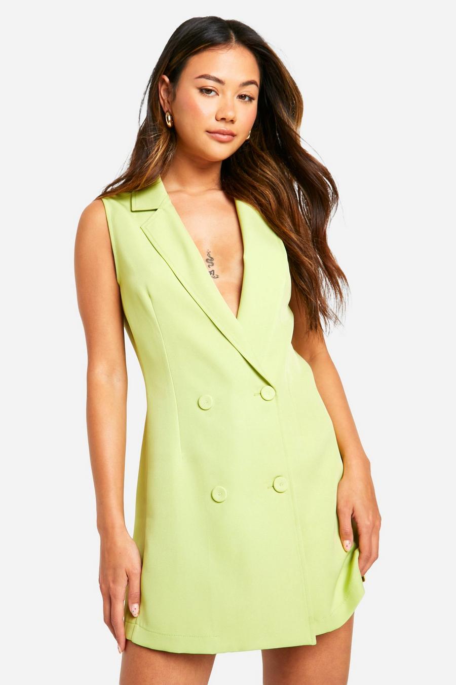 Soft lime Double Breasted Micro Mini Blazer Dress image number 1