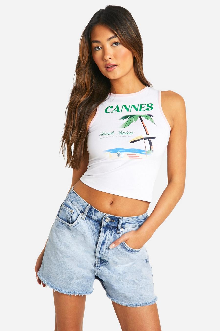White Cannes Printed Contrast Racer Crop Tank Top image number 1