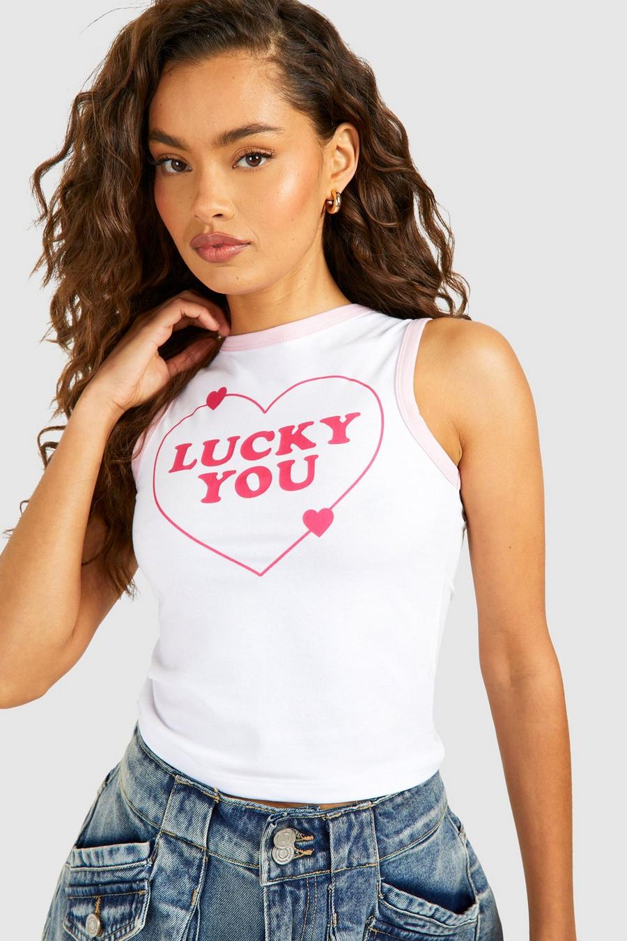 White Lucky You Printed Contrast Racer Crop Tank Top image number 1