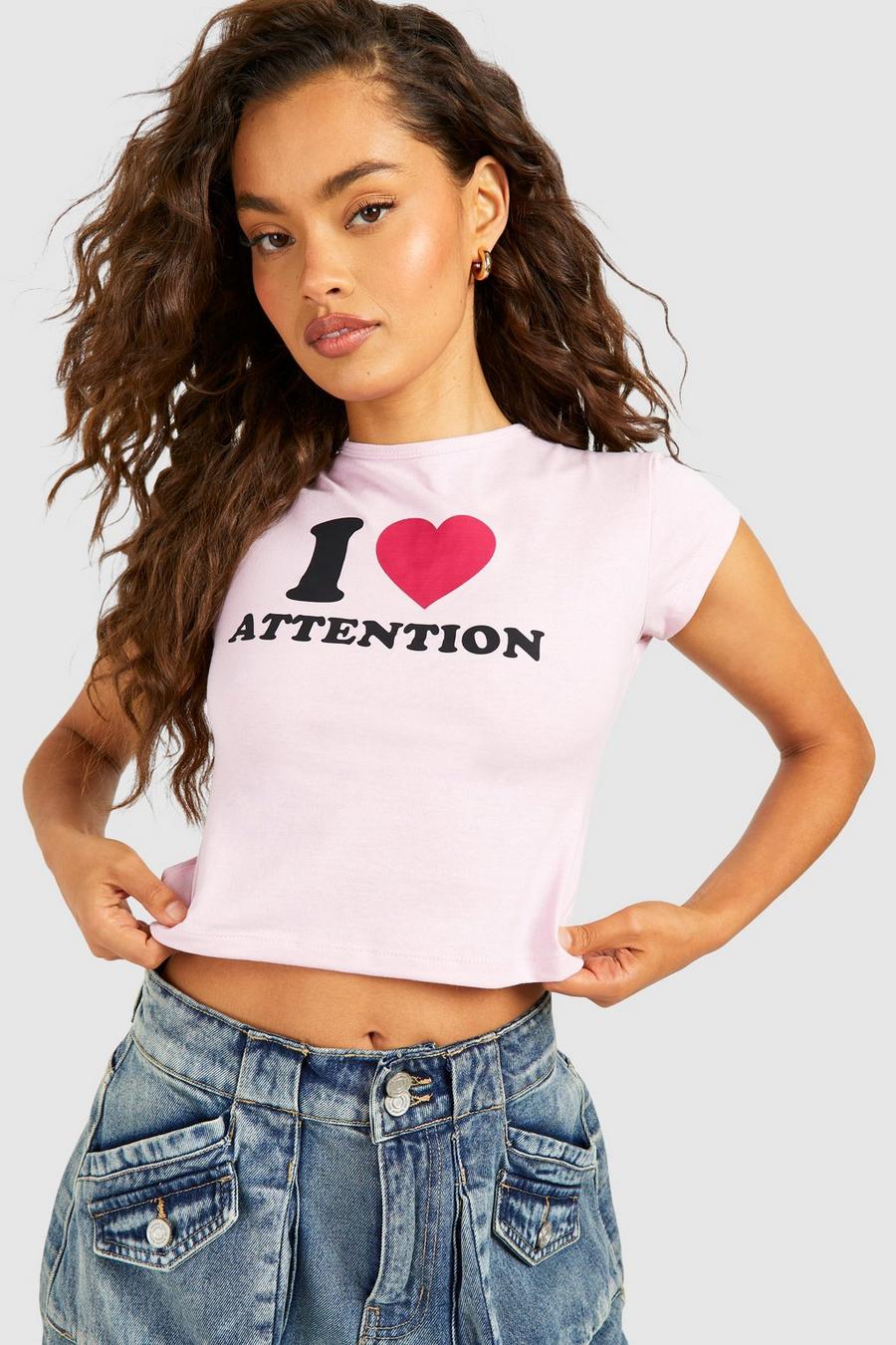 T-shirt corto con stampa I Heart Attention e maniche ad aletta, Baby pink