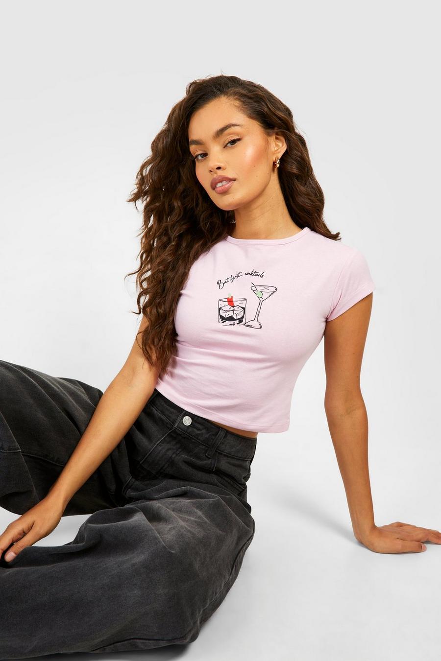 T-shirt corto con stampa Cocktails e maniche ad aletta, Baby pink image number 1