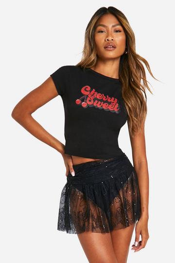 Cherry Sweet Printed Cap Sleeve Baby Tee black